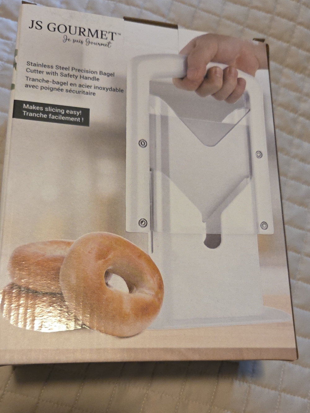 JS Gourmet White Stainless Steel Bagel Slicer with Safety Handle